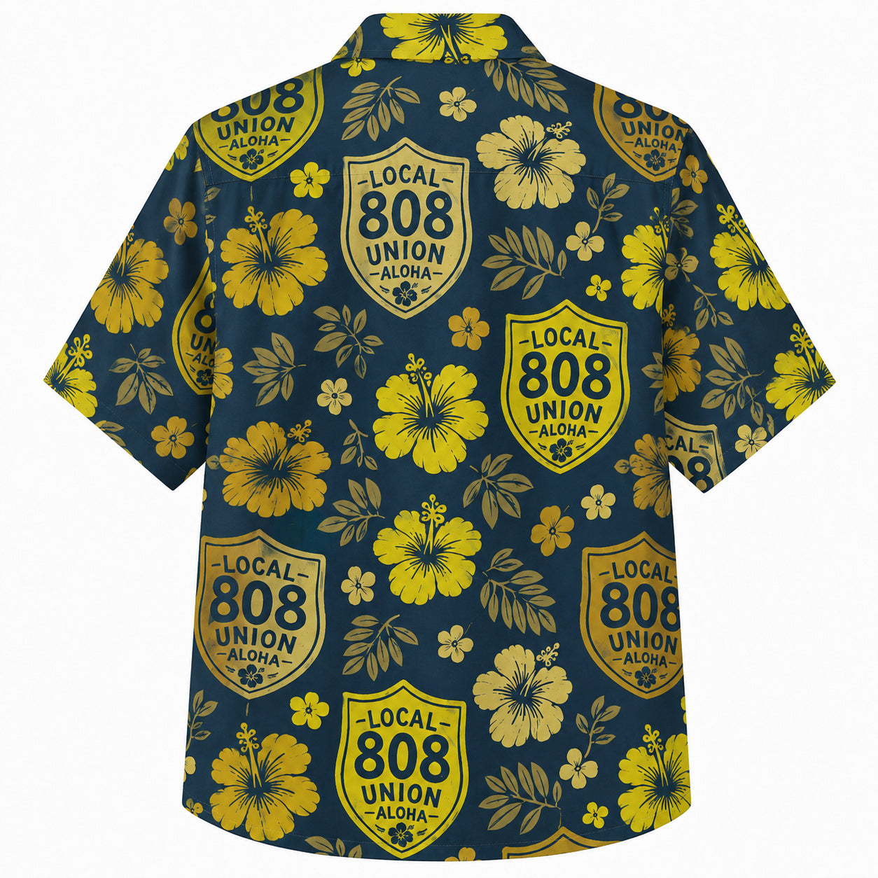 Labor Day Hawaiian Shirt- Union Shield Badge and Golden Hibiscus Print