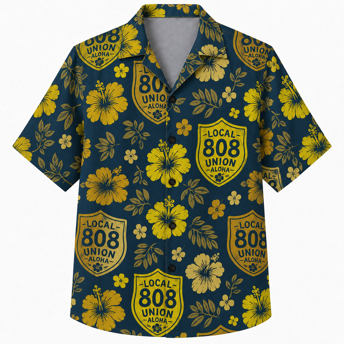 Labor Day Hawaiian Shirt- Union Shield Badge and Golden Hibiscus Print