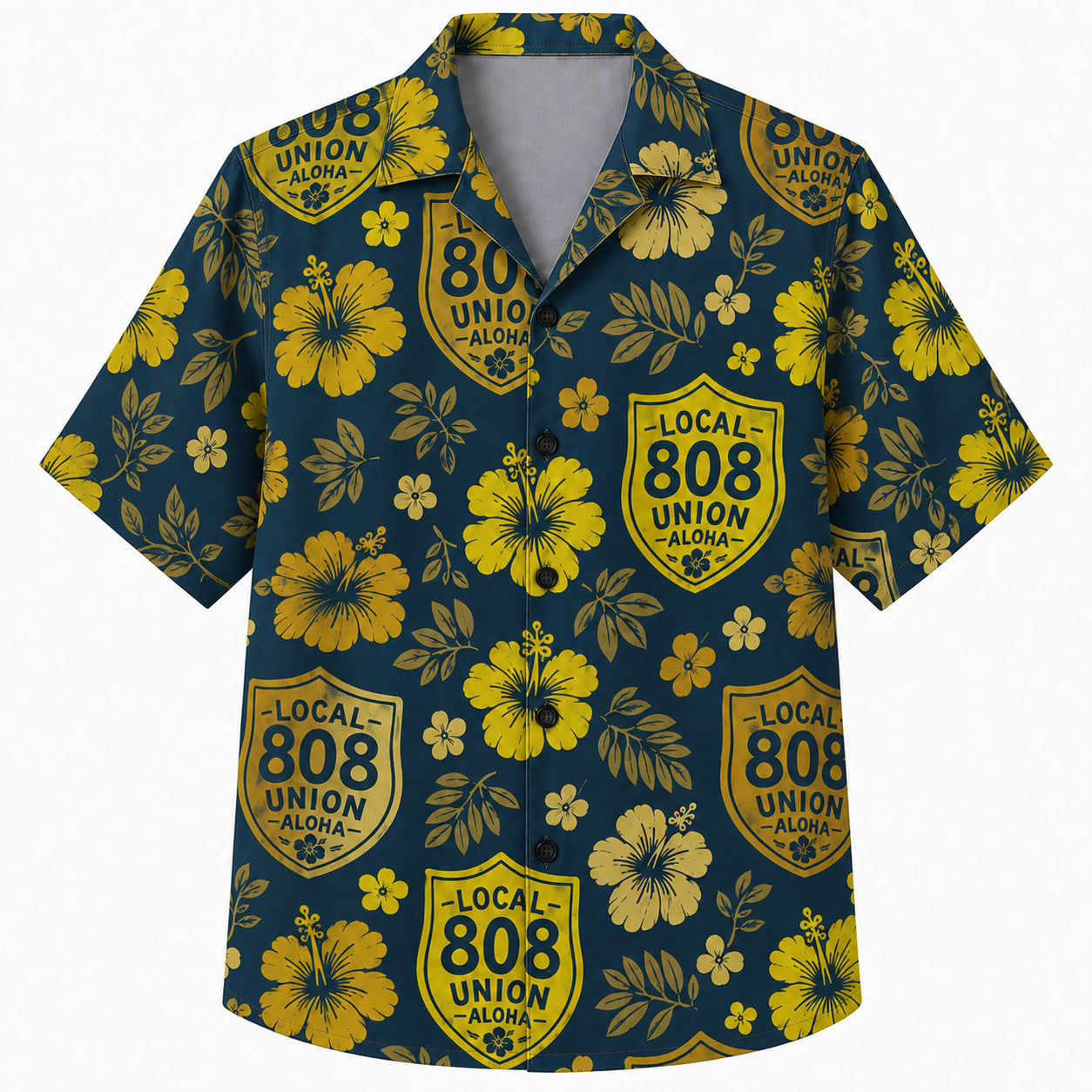 Labor Day Hawaiian Shirt- Union Shield Badge and Golden Hibiscus Print