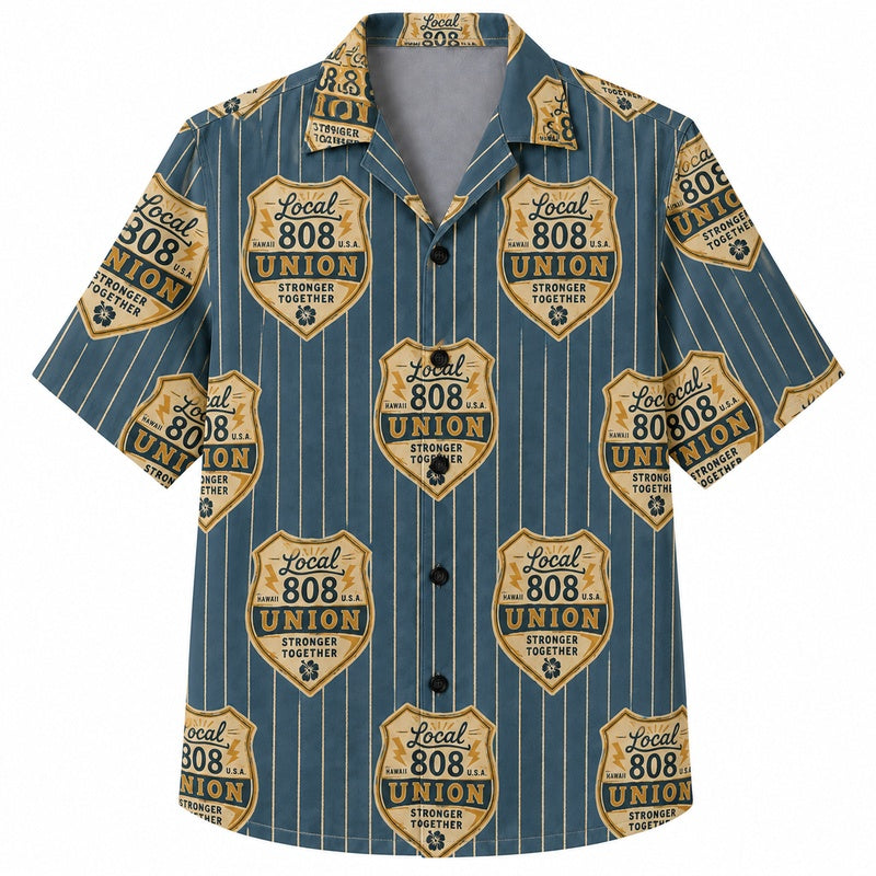 Labor Day Hawaiian Shirt- Union Shield Pinstripe Print for Workers