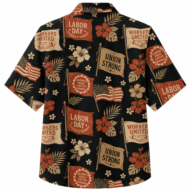 Labor Day Hawaiian Shirt- Union Strong Banner and Flag Print