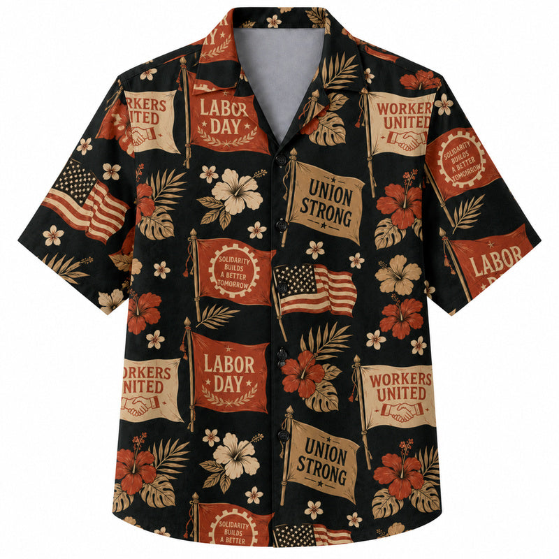 Labor Day Hawaiian Shirt- Union Strong Banner and Flag Print