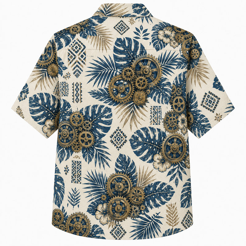 Labor Day Hawaiian Shirt- Vintage Gear and Tapa Leaf Print in Cream