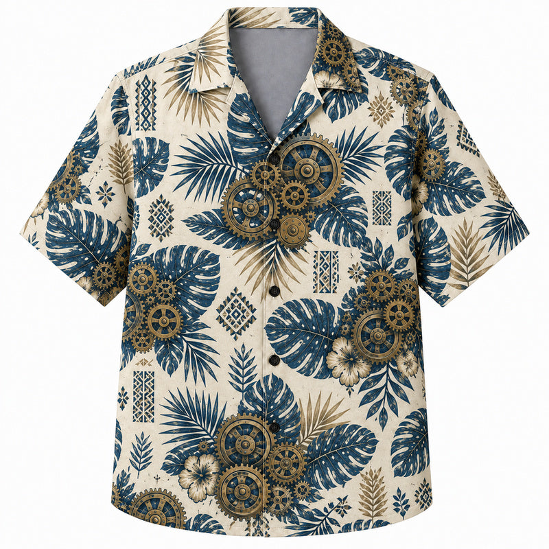 Labor Day Hawaiian Shirt- Vintage Gear and Tapa Leaf Print in Cream