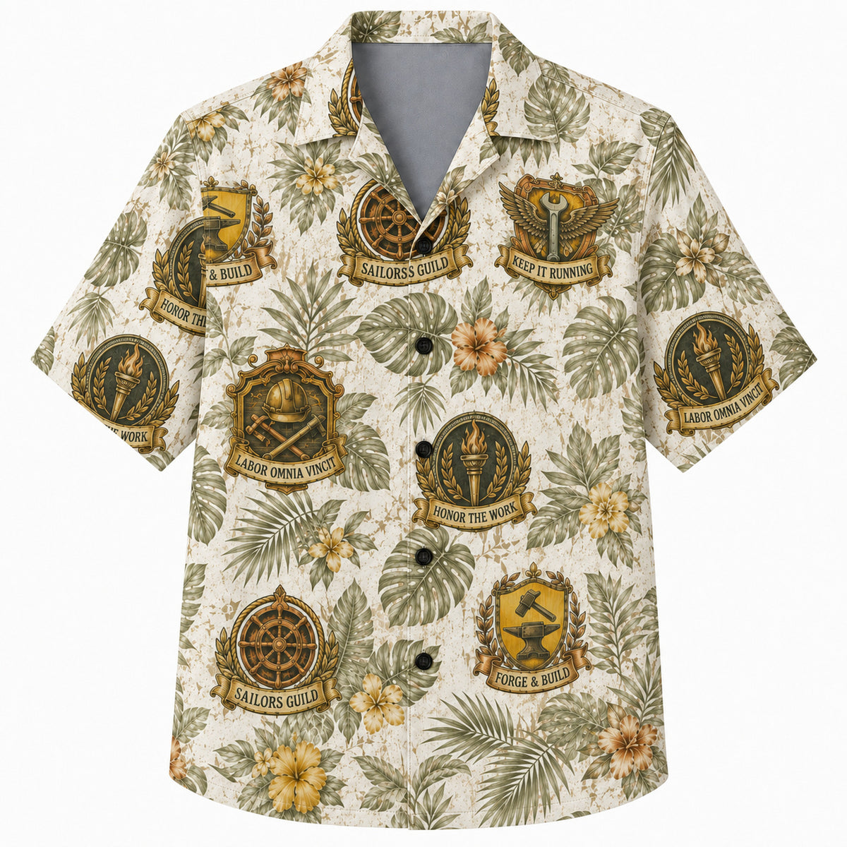 Labor Day Hawaiian Shirt- Vintage Guild Crest and Tropical Leaf Print