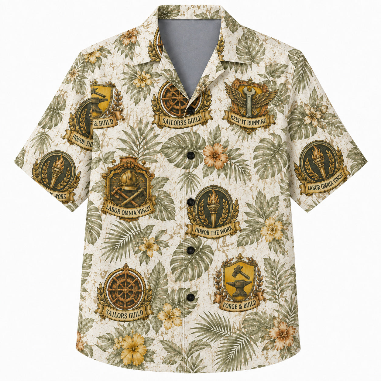 Labor Day Hawaiian Shirt- Vintage Guild Crest and Tropical Leaf Print