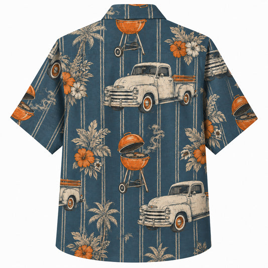 Labor Day Hawaiian Shirt - Vintage Pickup Grill Hibiscus Print for Summer