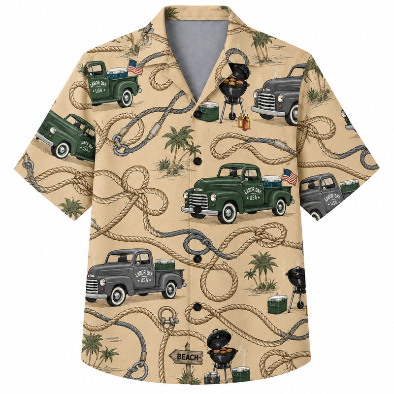Labor Day Hawaiian Shirt- Vintage Pickup Truck and Rope Palm Print