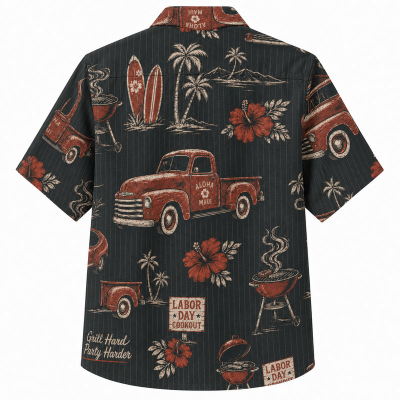 Labor Day Hawaiian Shirt- Vintage Truck and Grill Cookout Print