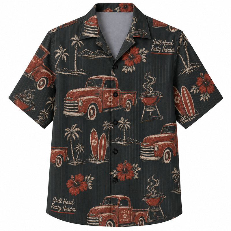Labor Day Hawaiian Shirt- Vintage Truck and Grill Cookout Print