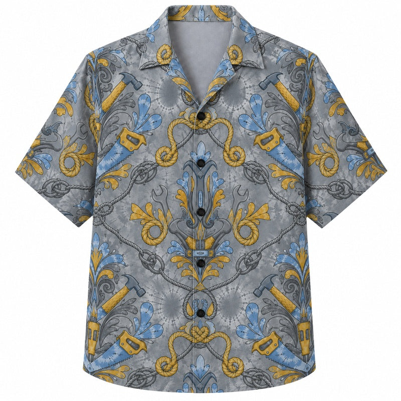 Labor Day Hawaiian Shirt- Vintage Wrench Damask Print for Men