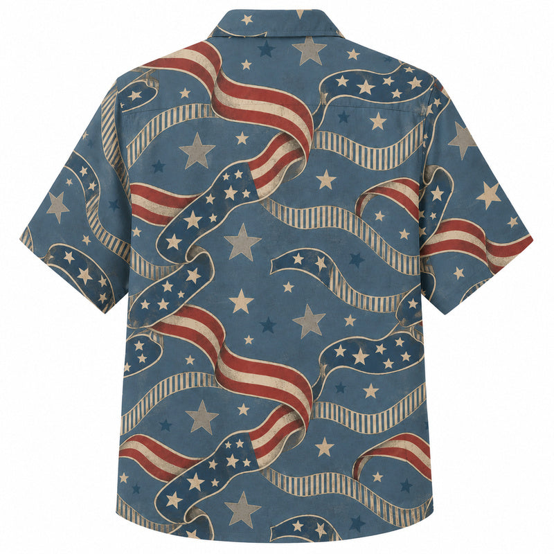 Labor Day Hawaiian Shirt- Waving Flag Ribbon and Bold Star Print