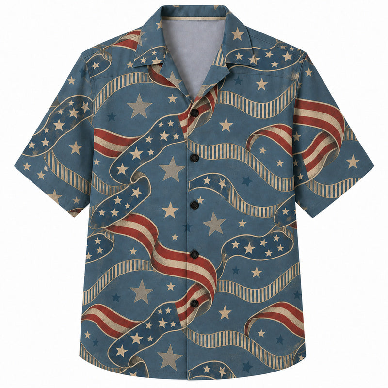 Labor Day Hawaiian Shirt- Waving Flag Ribbon and Bold Star Print