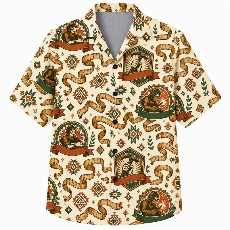 Labor Day Hawaiian Shirt- Welder Crest and Ribbon Print for Summer