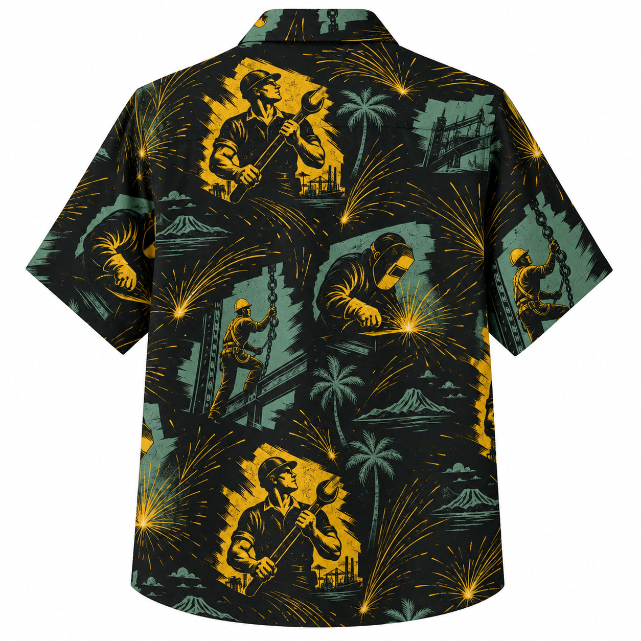 Labor Day Hawaiian Shirt- Welder Spark and Island Palm Print in Teal