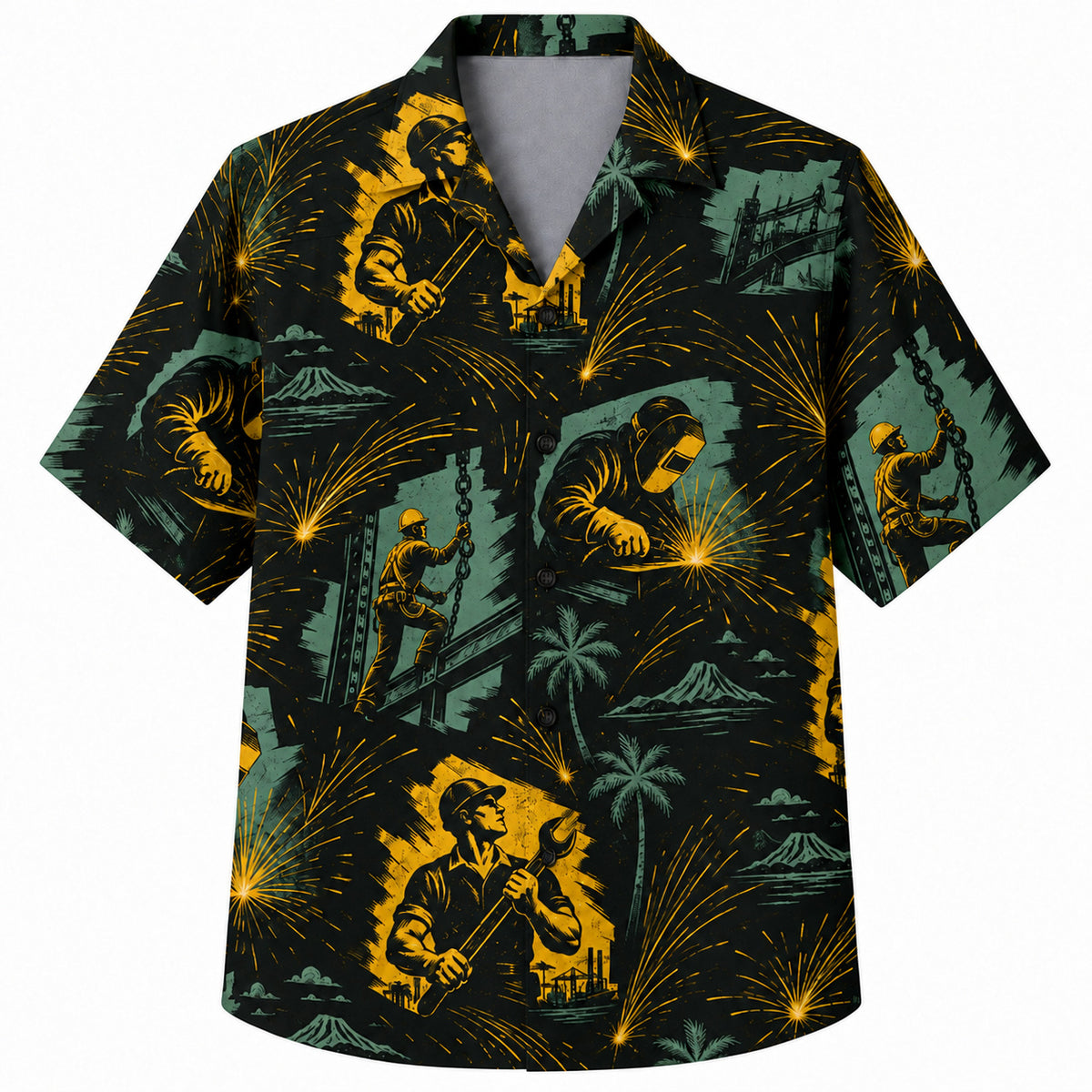 Labor Day Hawaiian Shirt- Welder Spark and Island Palm Print in Teal