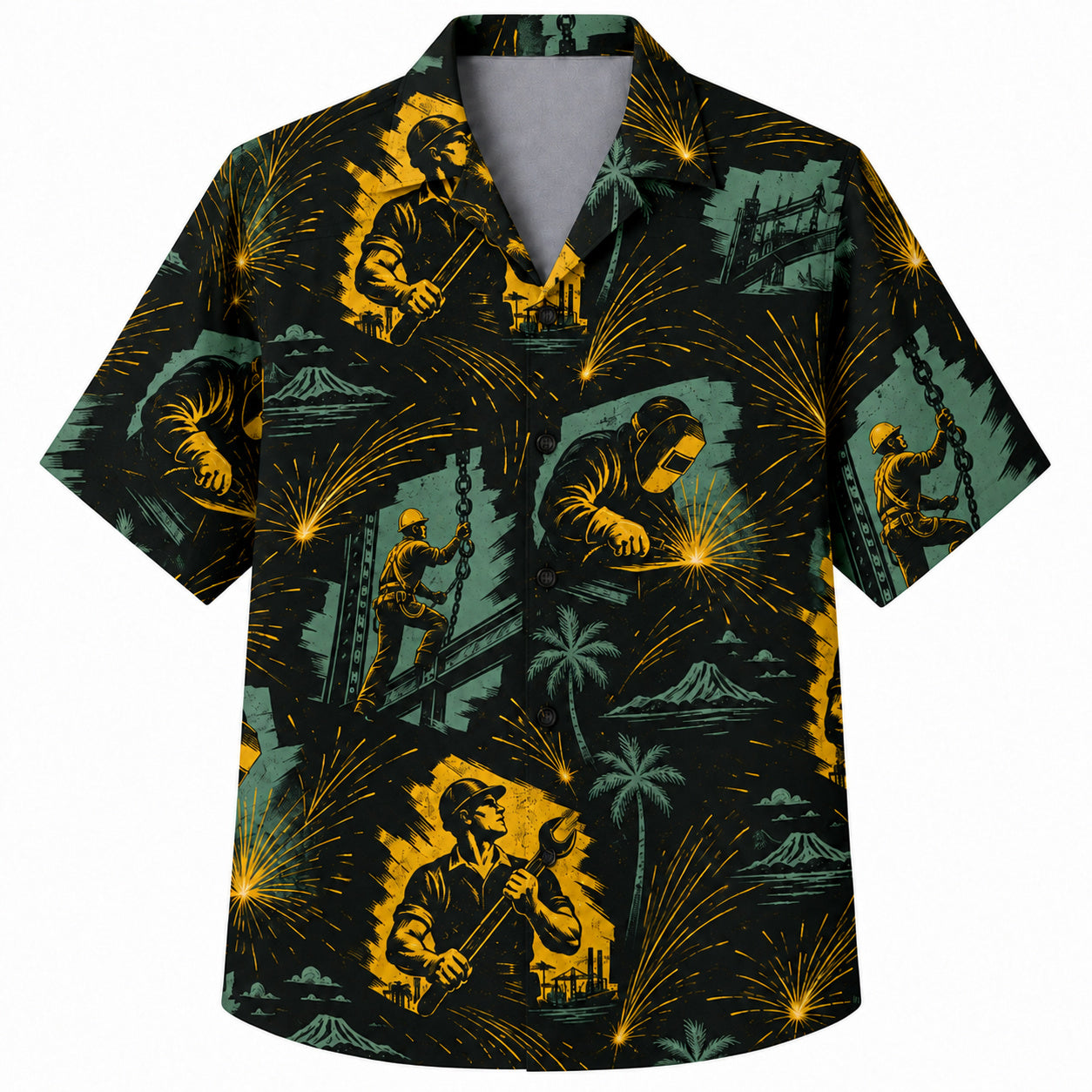 Labor Day Hawaiian Shirt- Welder Spark and Island Palm Print in Teal