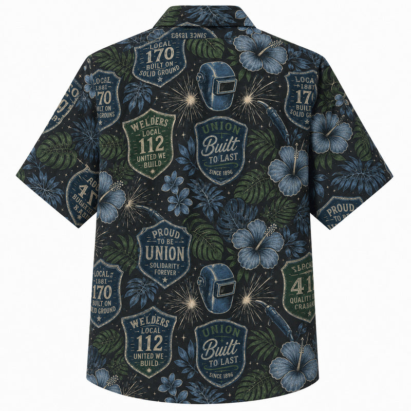 Labor Day Hawaiian Shirt- Welder Union Badge and Sparks Print