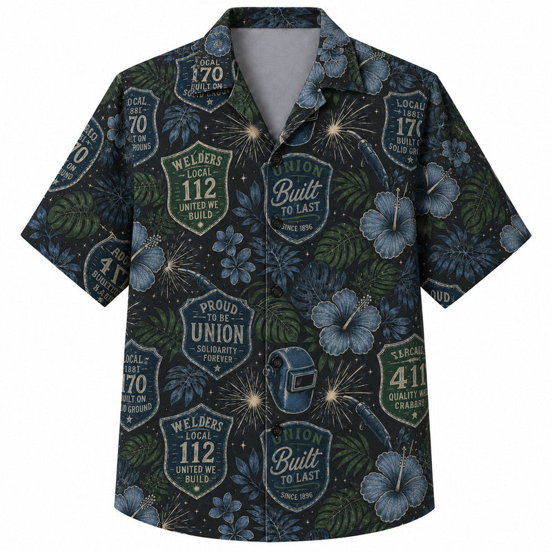 Labor Day Hawaiian Shirt- Welder Union Badge and Sparks Print
