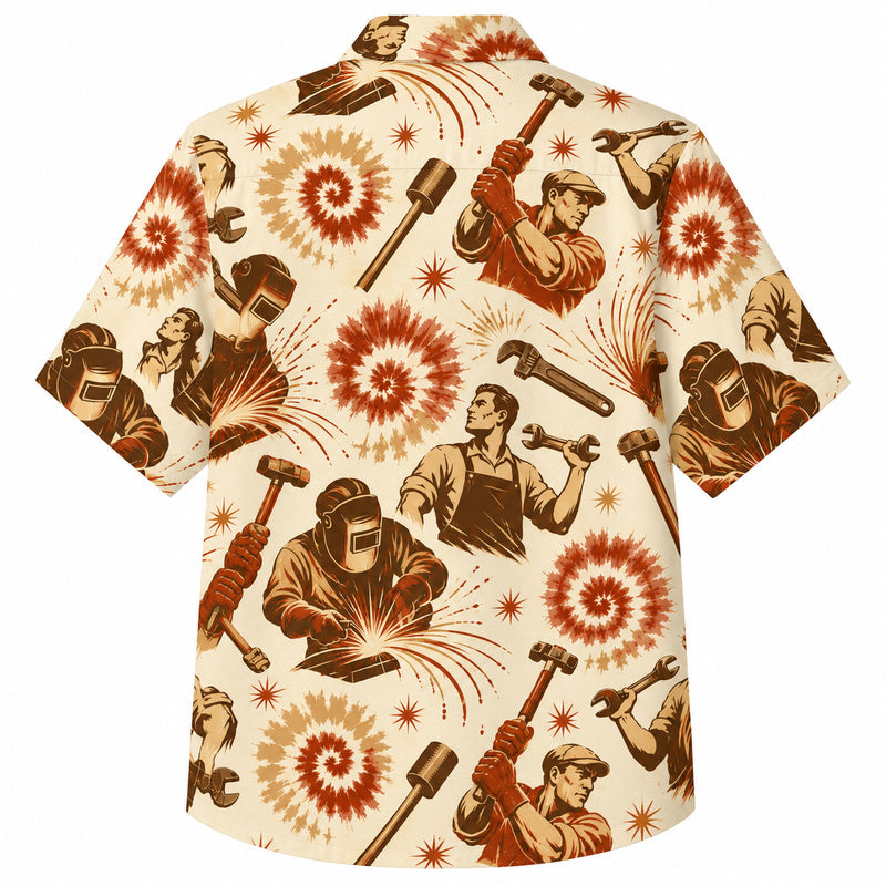 Labor Day Hawaiian Shirt- Welder and Sledgehammer Sunburst Print