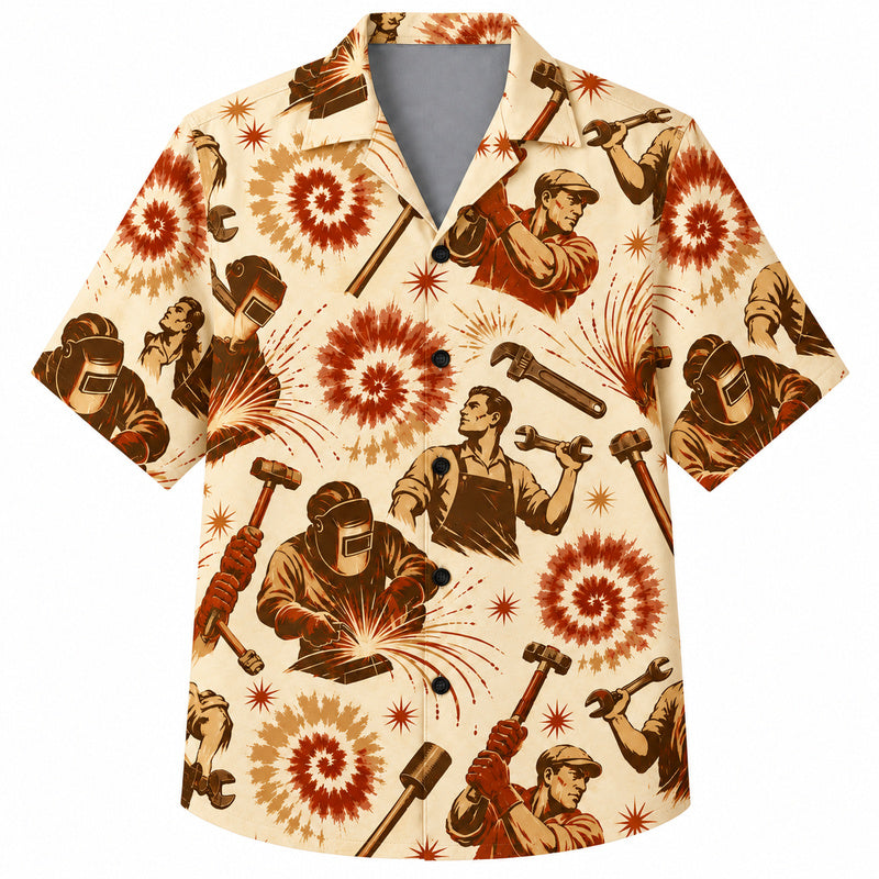 Labor Day Hawaiian Shirt- Welder and Sledgehammer Sunburst Print