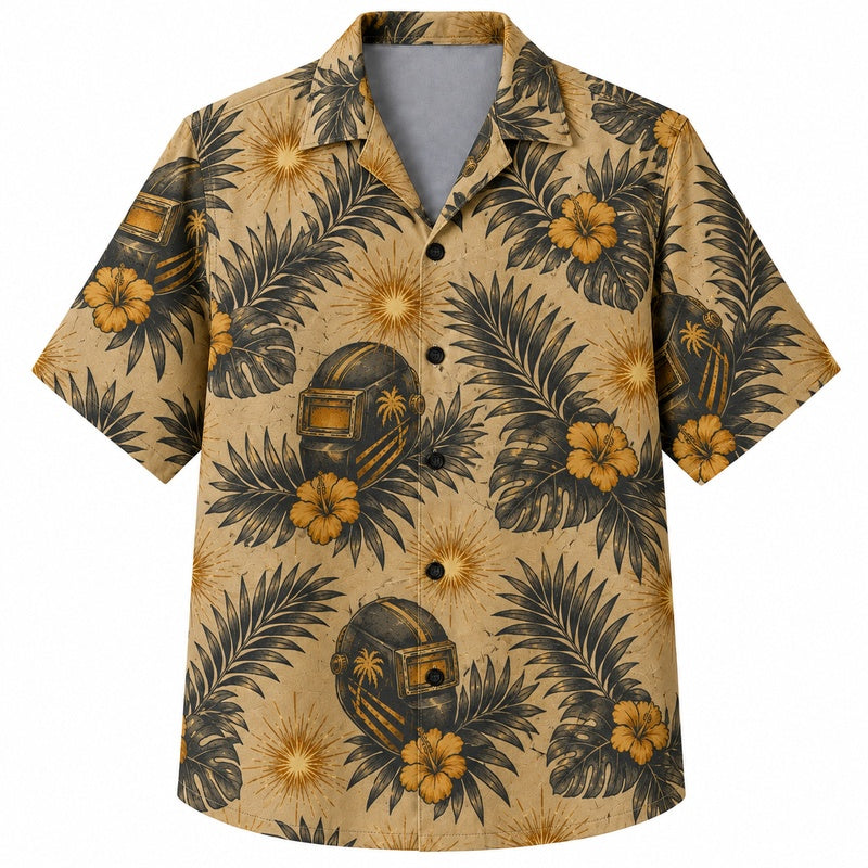 Labor Day Hawaiian Shirt- Welding Helmet Palm Leaf Print for Summer