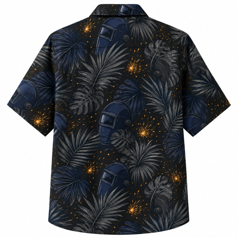 Labor Day Hawaiian Shirt- Welding Spark Night Palm Print for the Holiday