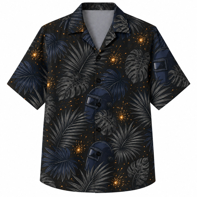 Labor Day Hawaiian Shirt- Welding Spark Night Palm Print for the Holiday