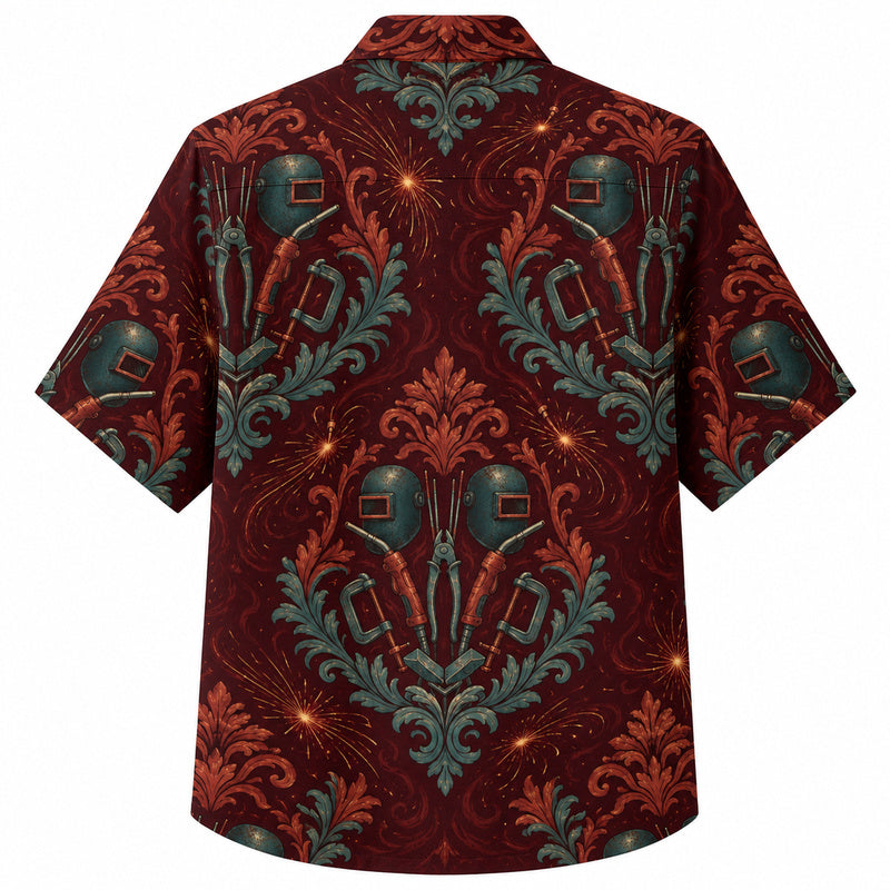 Labor Day Hawaiian Shirt- Welding Torch Damask Print in Deep Red