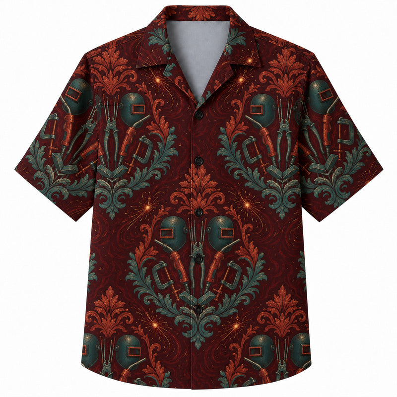 Labor Day Hawaiian Shirt- Welding Torch Damask Print in Deep Red