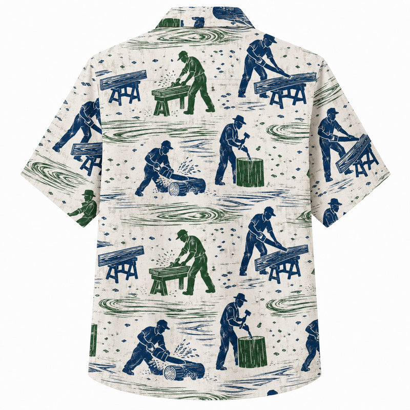 Labor Day Hawaiian Shirt- White Carpenter Sawhorse Scene Print