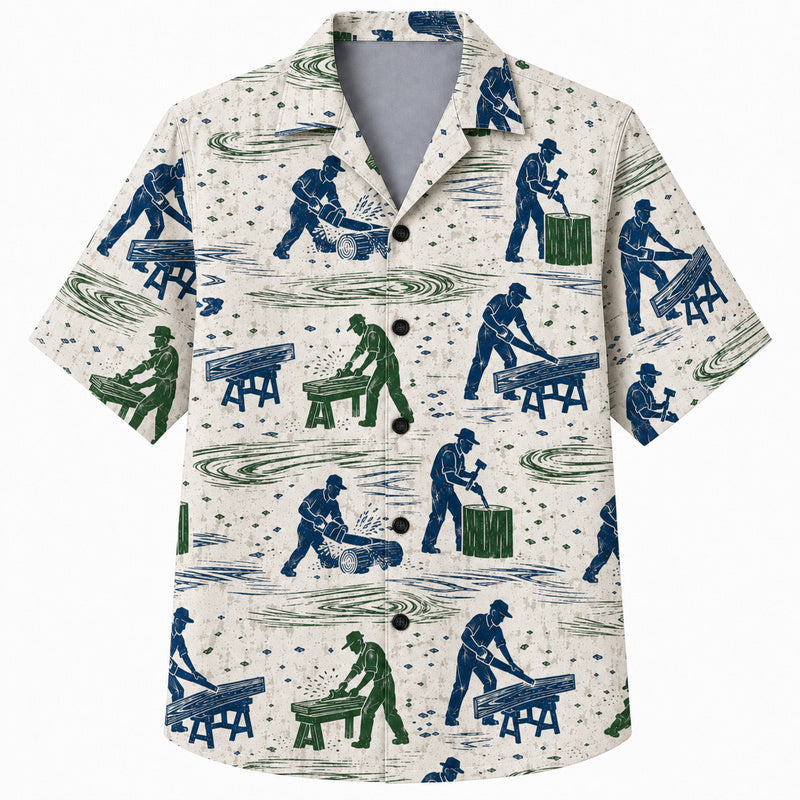 Labor Day Hawaiian Shirt- White Carpenter Sawhorse Scene Print