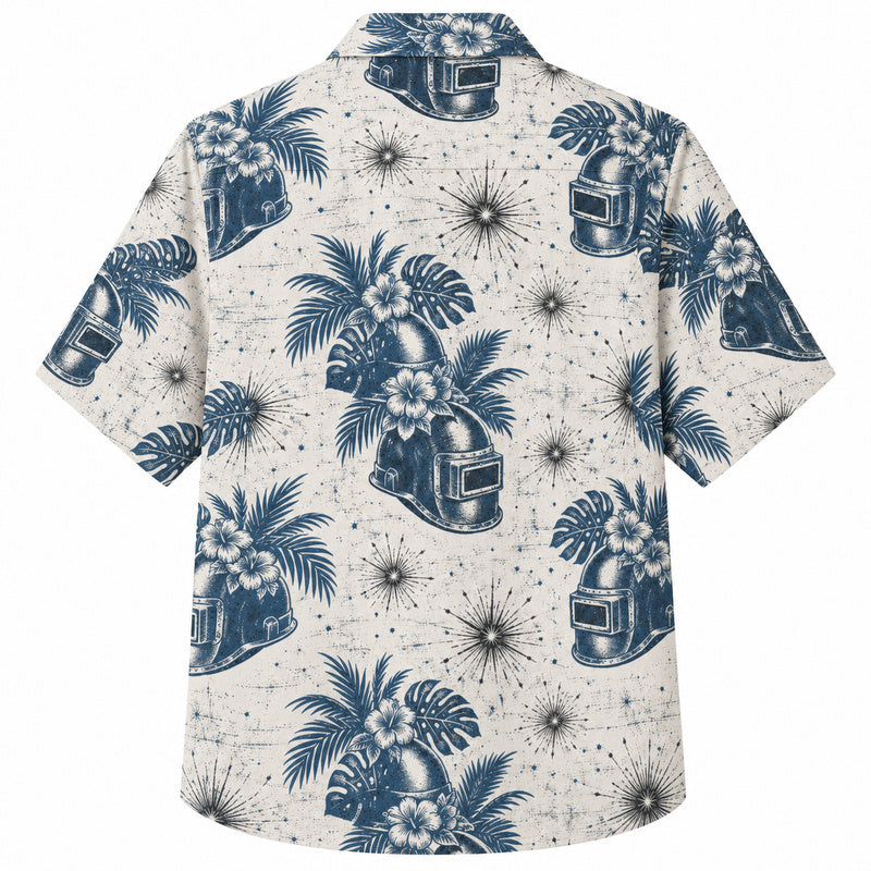 Labor Day Hawaiian Shirt- White Helmet Hibiscus and Spark Print