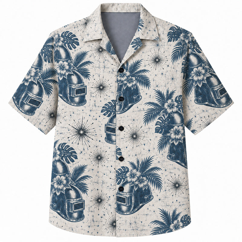 Labor Day Hawaiian Shirt- White Helmet Hibiscus and Spark Print