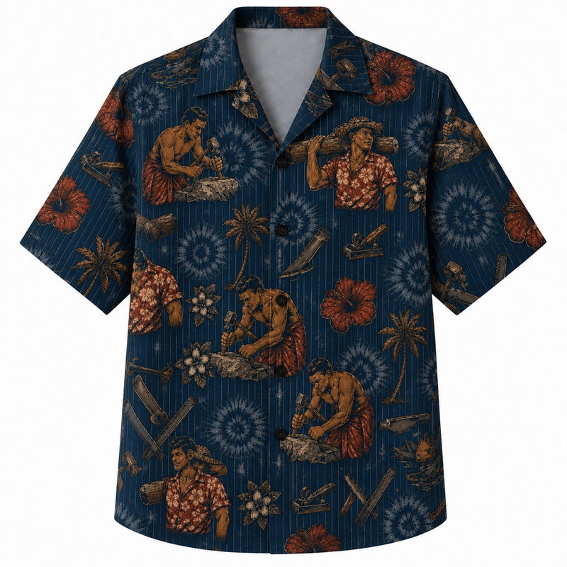 Labor Day Hawaiian Shirt- Woodcarver and Tie Dye Spiral Print