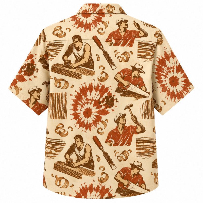 Labor Day Hawaiian Shirt- Woodworker and Wood Shaving Sunburst Print