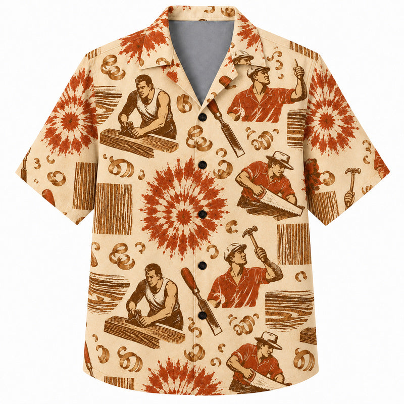 Labor Day Hawaiian Shirt- Woodworker and Wood Shaving Sunburst Print