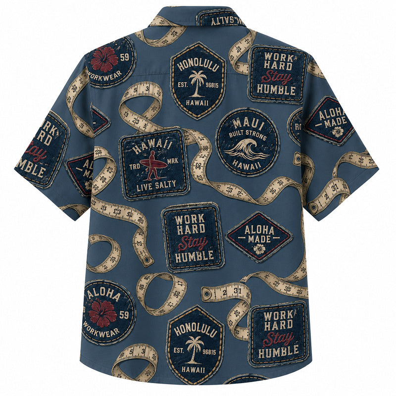 Labor Day Hawaiian Shirt- Work Hard Patch Tape Pattern for the Long Weekend