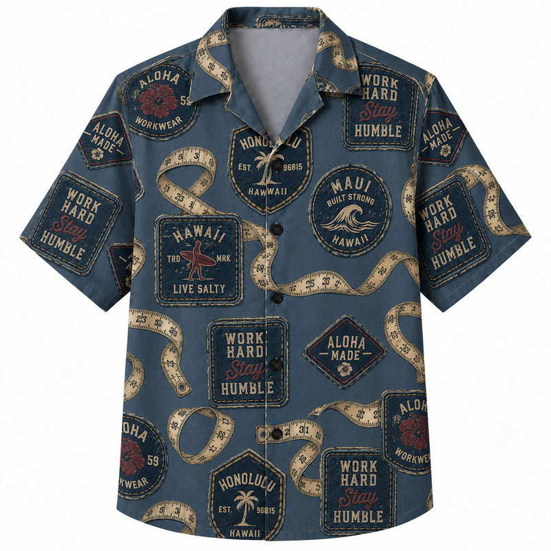 Labor Day Hawaiian Shirt- Work Hard Patch Tape Pattern for the Long Weekend