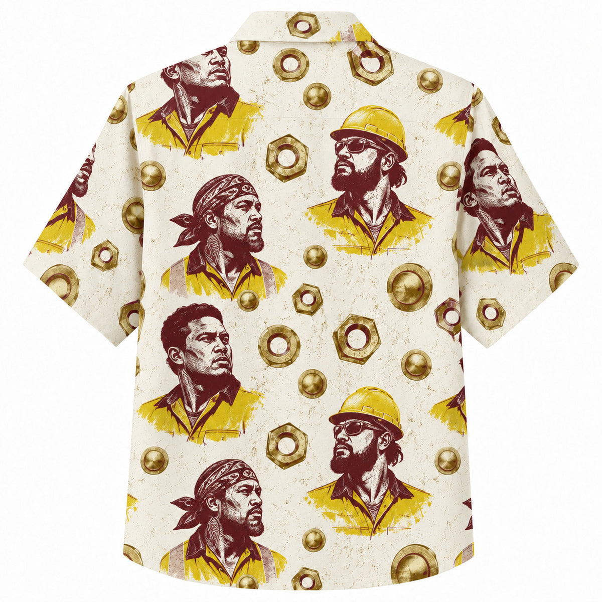 Labor Day Hawaiian Shirt- Worker Portrait and Brass Bolt Print in Cream