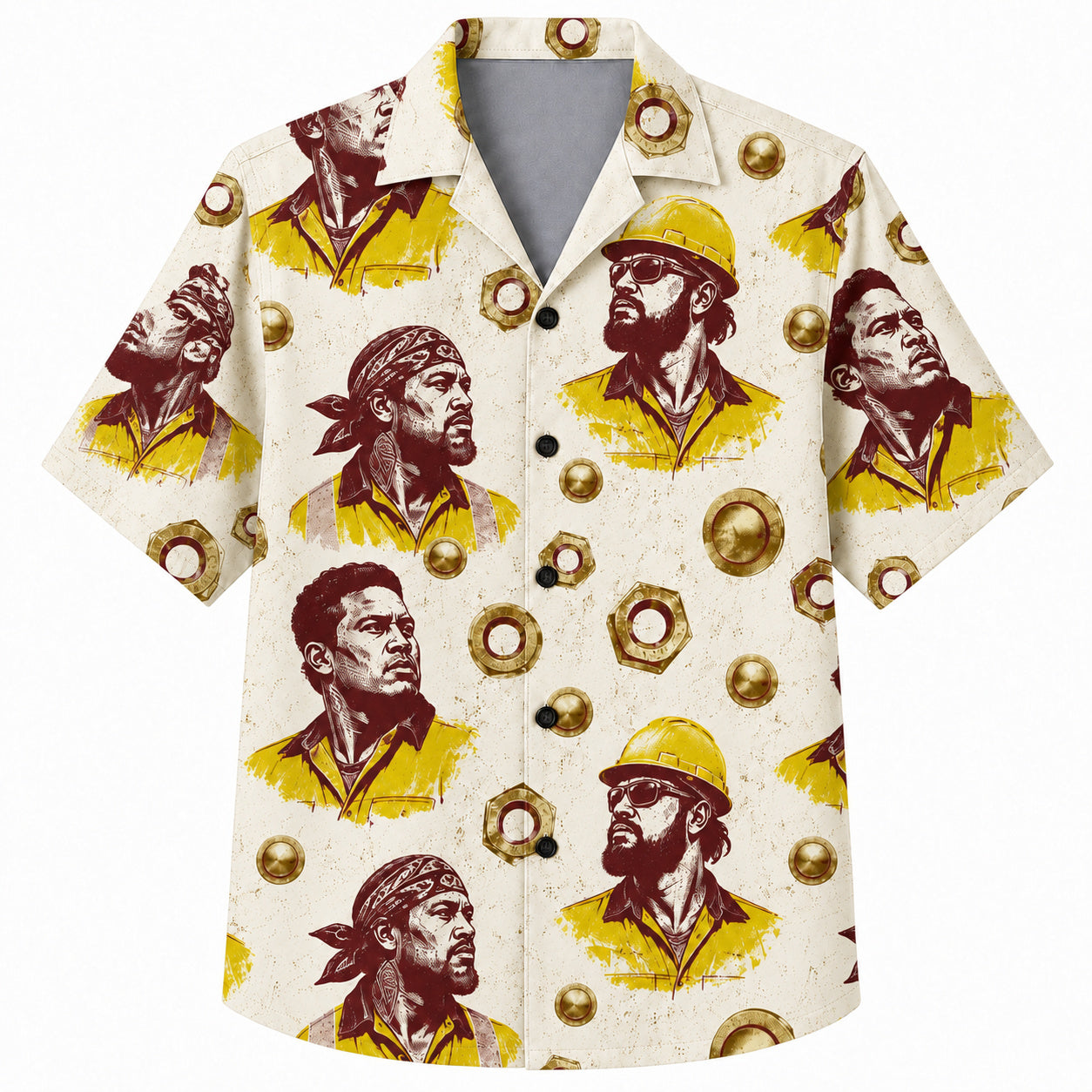 Labor Day Hawaiian Shirt- Worker Portrait and Brass Bolt Print in Cream