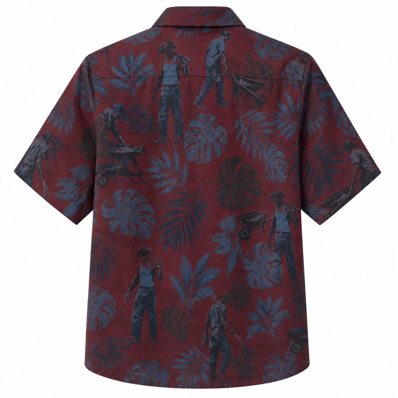 Labor Day Hawaiian Shirt- Worker Silhouette Leaf Print in Maroon