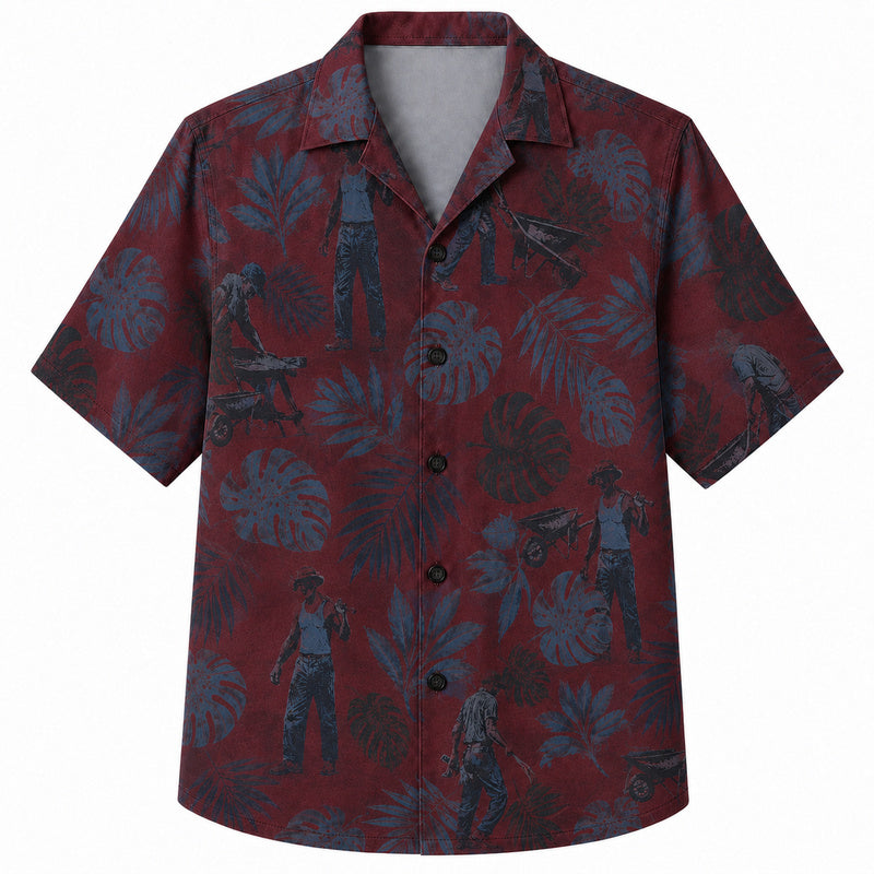 Labor Day Hawaiian Shirt- Worker Silhouette Leaf Print in Maroon