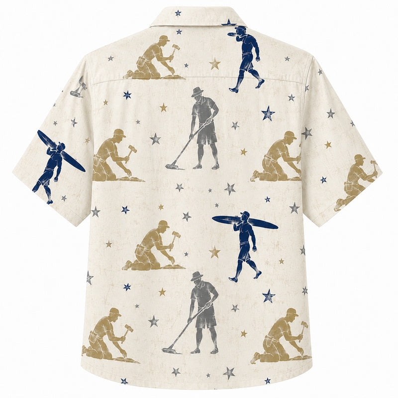 Labor Day Hawaiian Shirt- Worker Silhouette Star Print for the Long Weekend