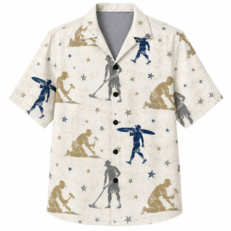 Labor Day Hawaiian Shirt- Worker Silhouette Star Print for the Long Weekend