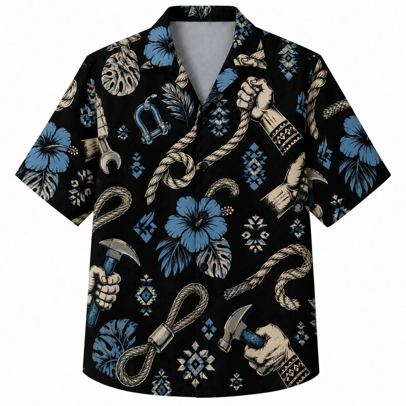 Labor Day Hawaiian Shirt- Working Hands Hibiscus and Rope Print