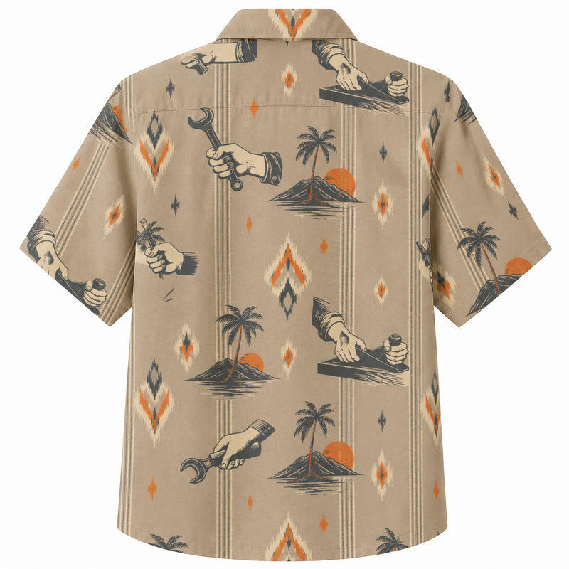 Labor Day Hawaiian Shirt - Working Hands Tool and Palm Print for the Jobsite