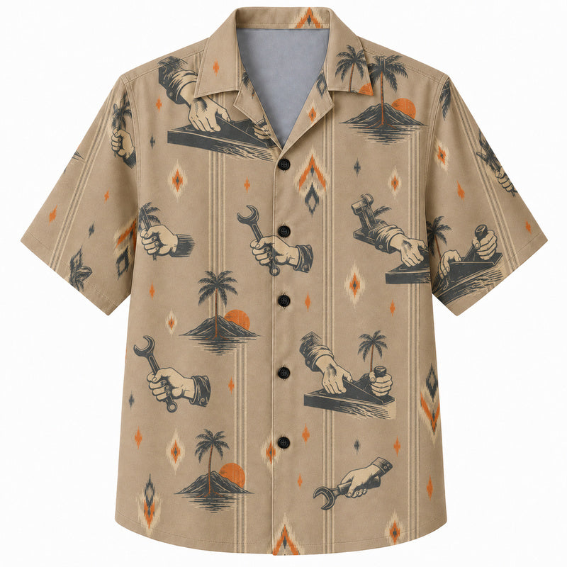 Labor Day Hawaiian Shirt - Working Hands Tool and Palm Print for the Jobsite