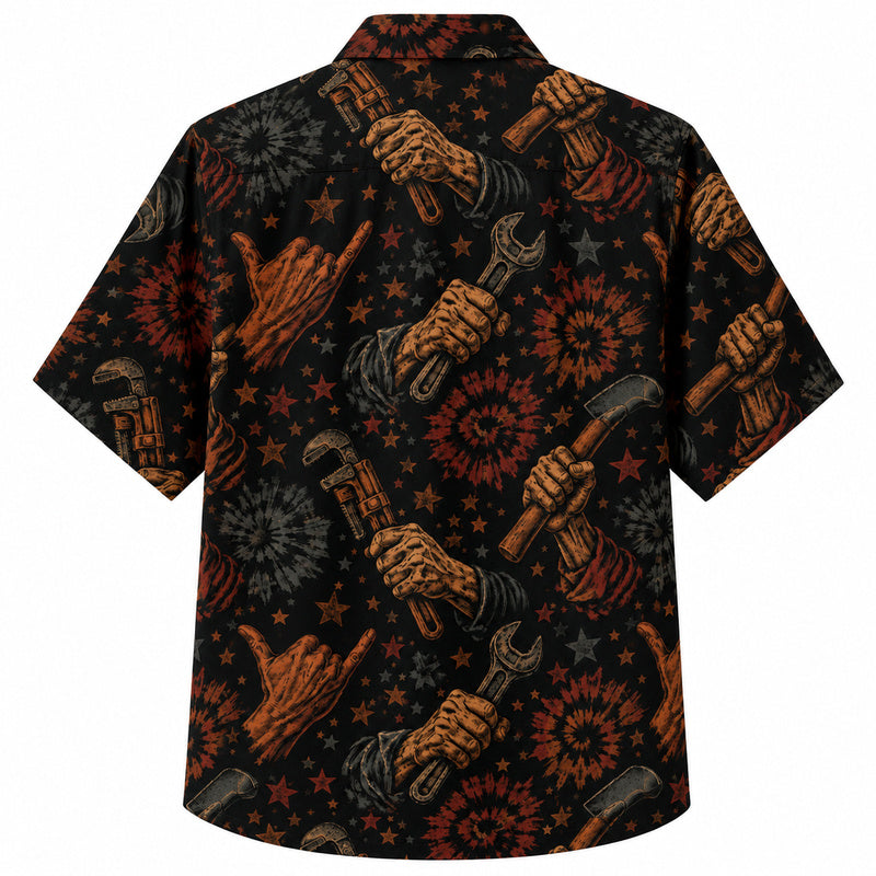 Labor Day Hawaiian Shirt- Working Hands and Tie Dye Burst Print