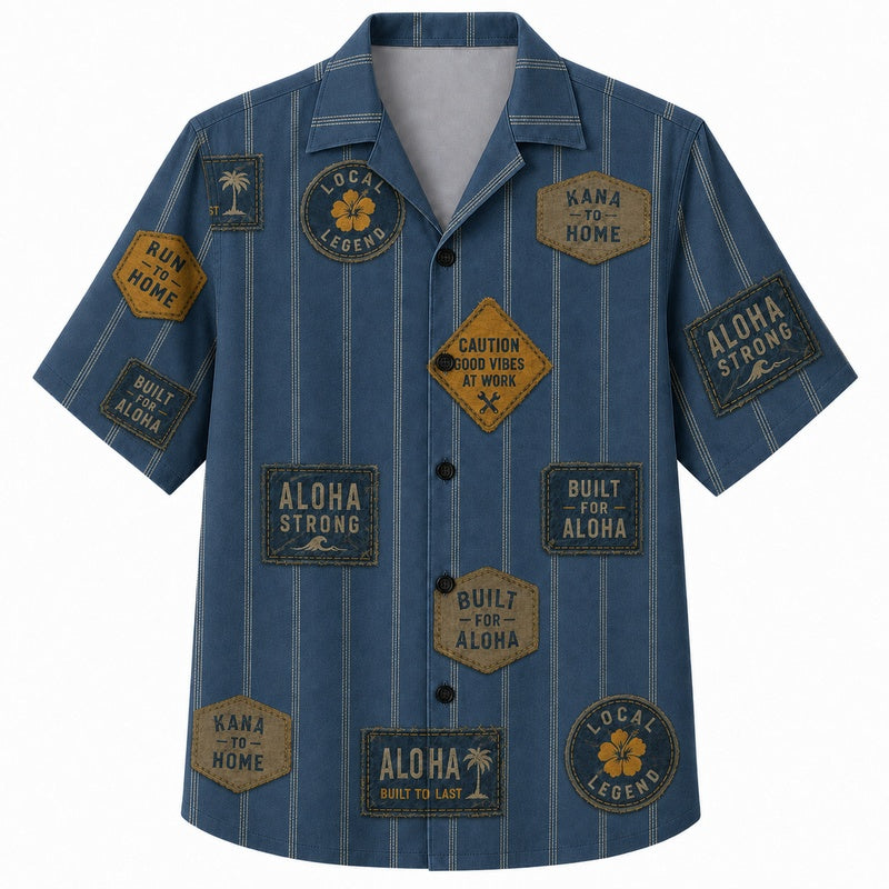 Labor Day Hawaiian Shirt- Workwear Patch Pinstripe Print for Workers